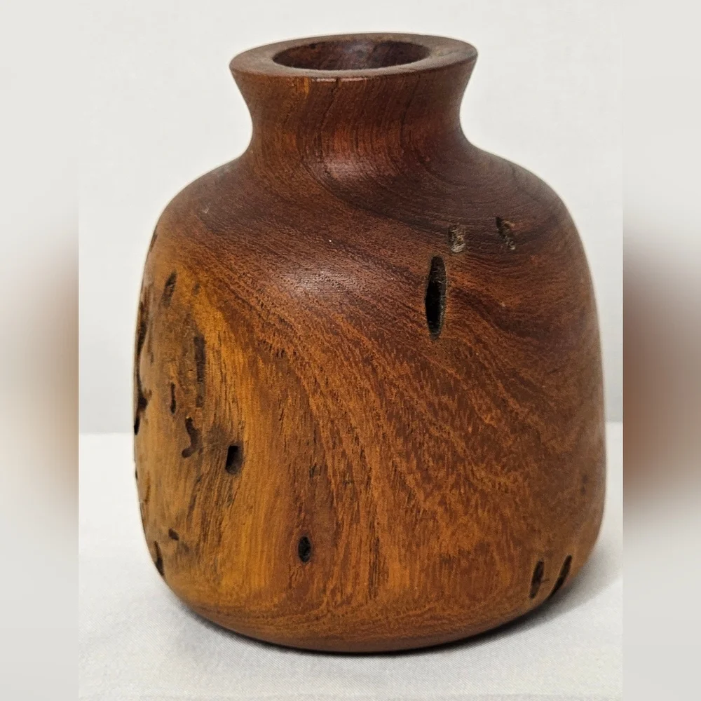 Artisan Carved Burl Wood Bud Vase Vintage Rustic Decor Natural Wood Grain Textur